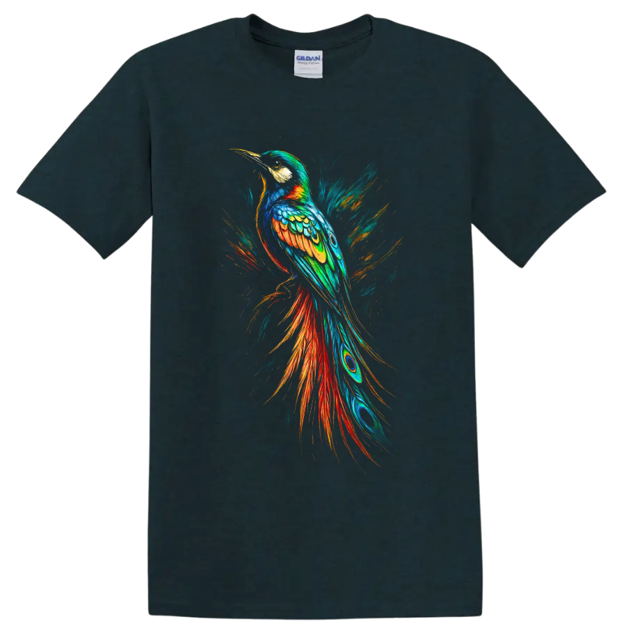 Colorful hornbill in dynamic painterly tropical bird art with flowing feathered tail on a Midnight (Green) T Shirt