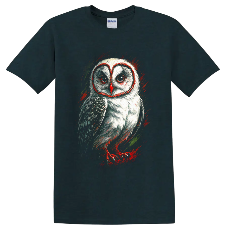 Stylized barn owl portrait in dynamic red and green sketch art on a Midnight (Green) T Shirt