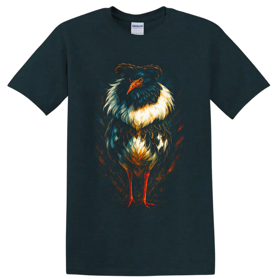 Dramatic painterly secretary bird portrait with teal, cream, and orange feather details on a Midnight (Green) T Shirt