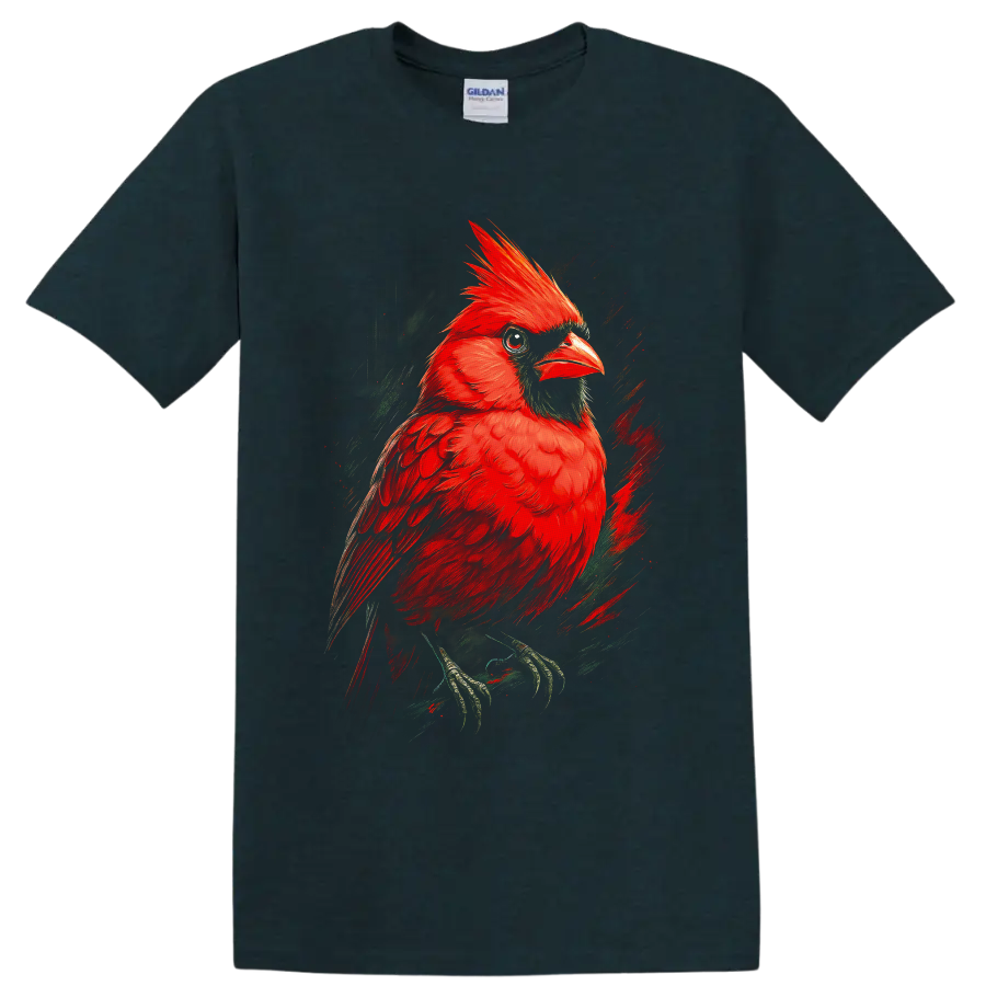 Vibrant red cardinal portrait in painterly brush-stroke wildlife art on a Midnight (Green) T Shirt