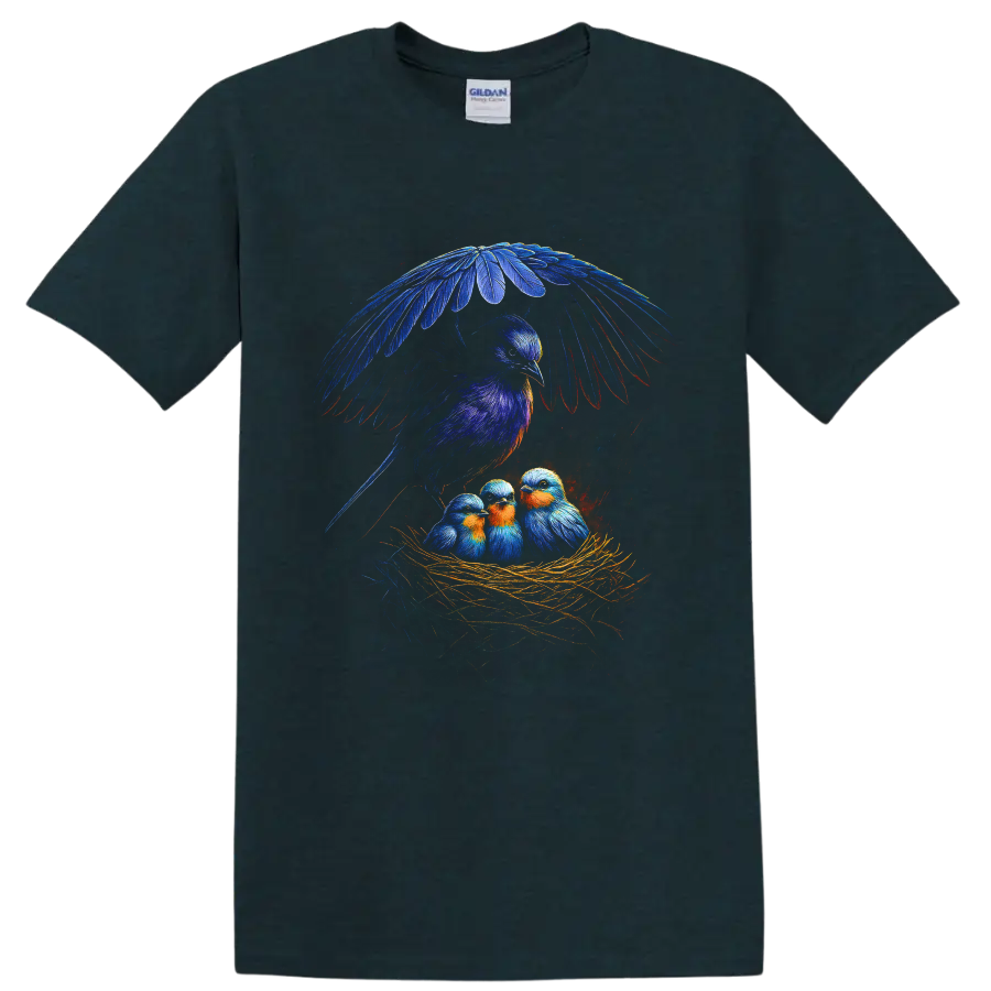 Colorful bluebird parent sheltering three nestlings in a straw nest wildlife illustration on a Midnight (Green) T Shirt