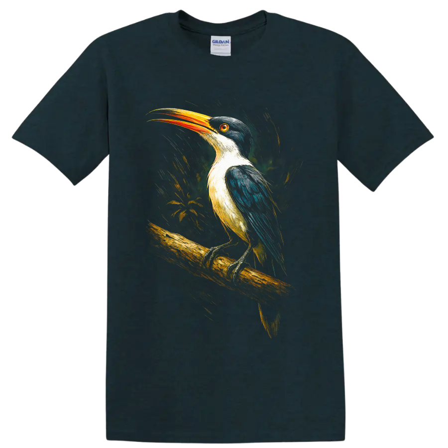 Colorful painterly kingfisher perched on a branch with an orange bill on a Midnight (Green) T Shirt