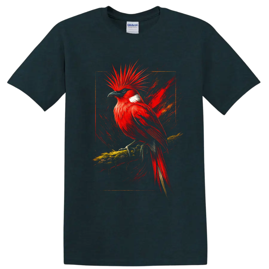 Red-crested cardinal in vivid painterly tropical wildlife art on a branch on a Midnight (Green) T Shirt