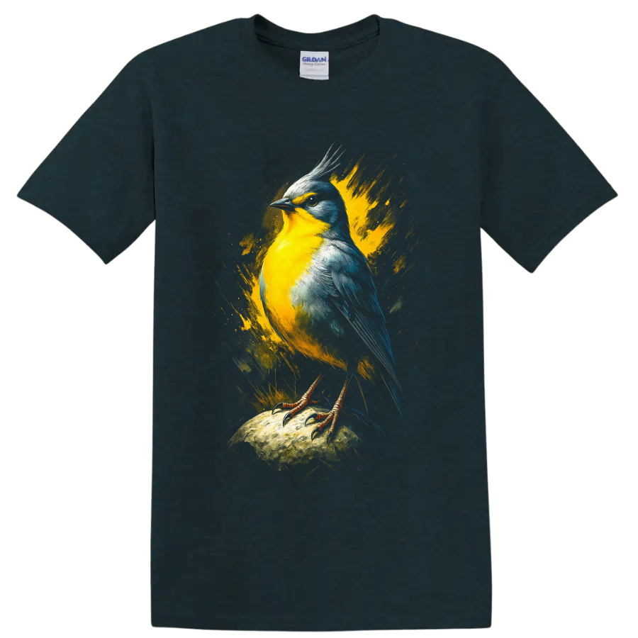 Colorful crested songbird in yellow and blue paint-splash wildlife art on a Midnight (Green) T Shirt