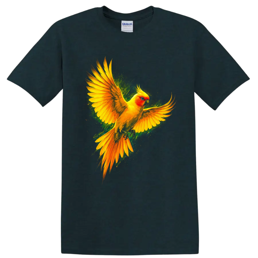 Sun conure parrot in flight with vivid tropical wildlife art on a Midnight (Green) T Shirt