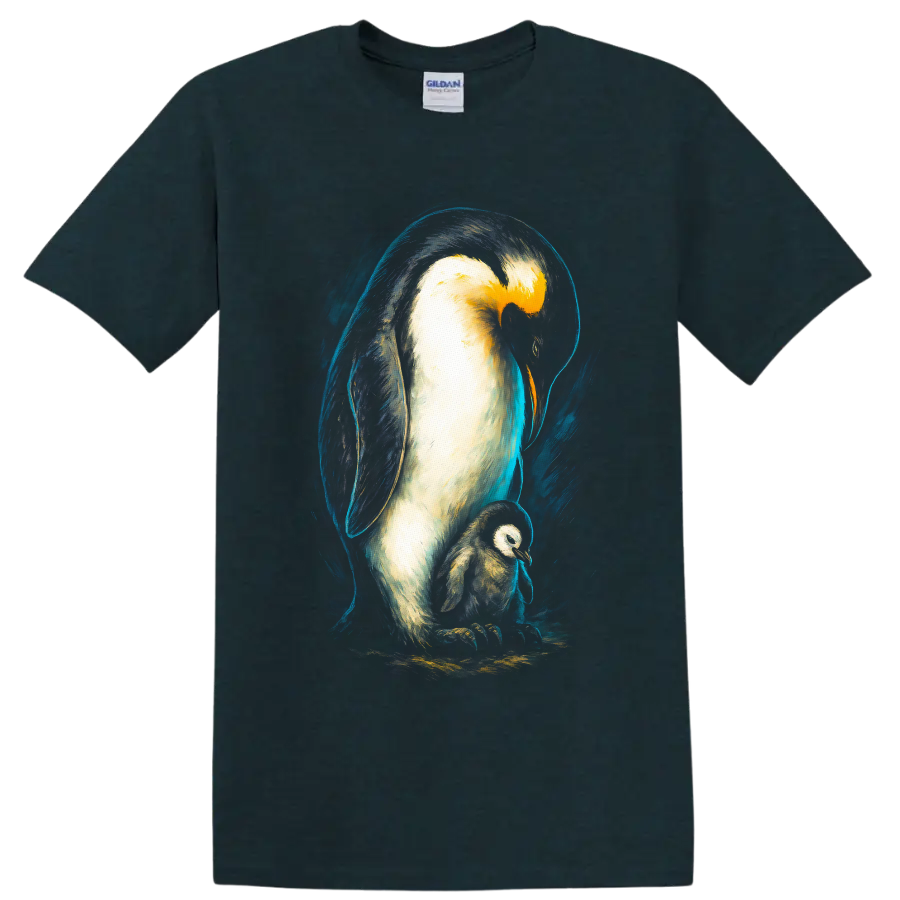Painterly emperor penguin parent and chick in dramatic blue Antarctic brushstrokes on a Midnight (Green) T Shirt