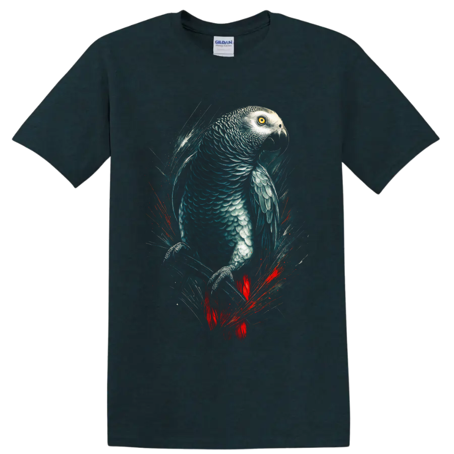 Realistic African grey parrot artwork with teal feathers, golden eye, and red tail on a Midnight (Green) T Shirt