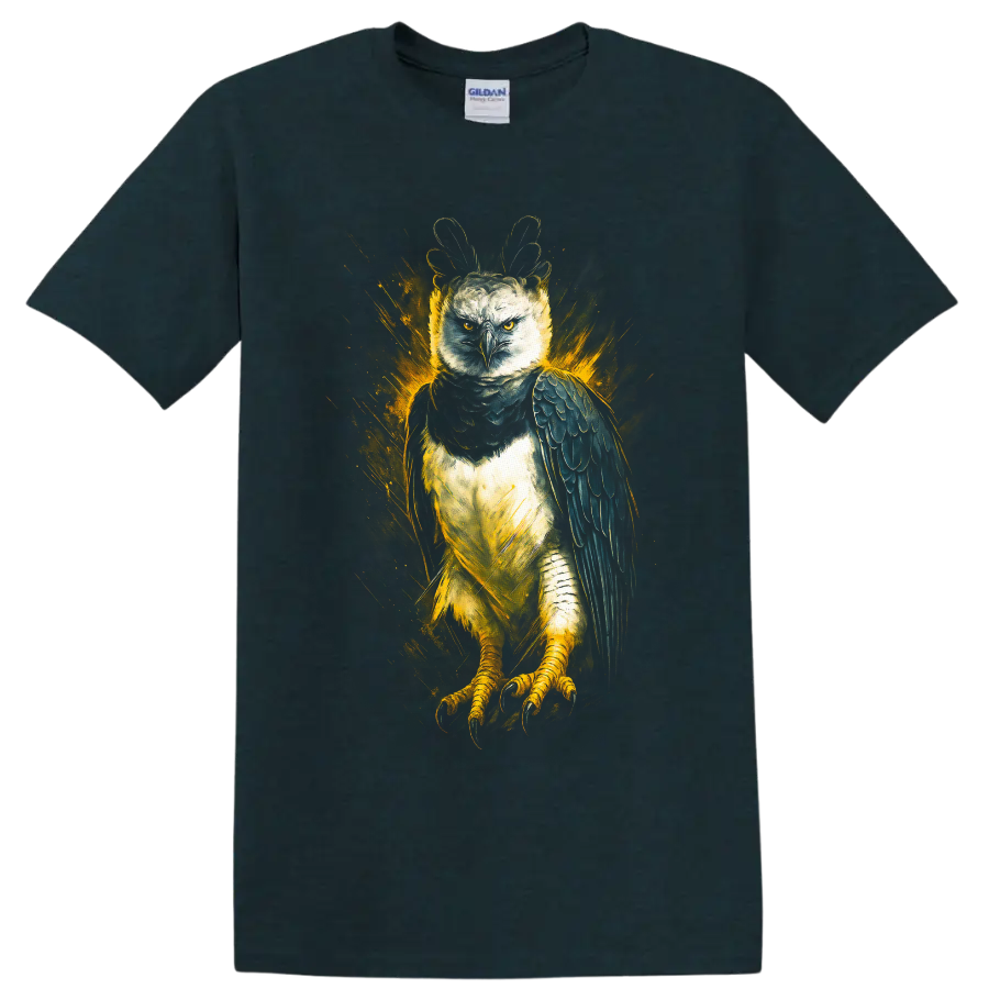 Harpy eagle with raised crest in dramatic golden splash wildlife art on a Midnight (Green) T Shirt