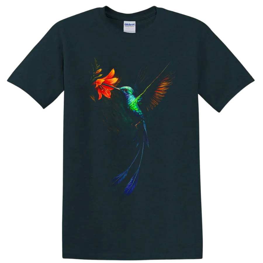 Vibrant painterly hummingbird hovering beside an orange flower on a Midnight (Green) T Shirt