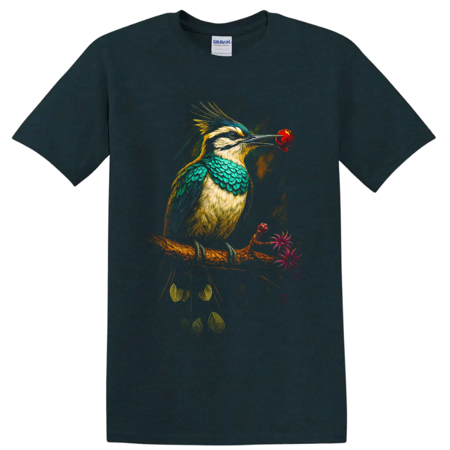 Vibrant modern kookaburra holding a red rose on a flowering branch on a Midnight (Green) T Shirt