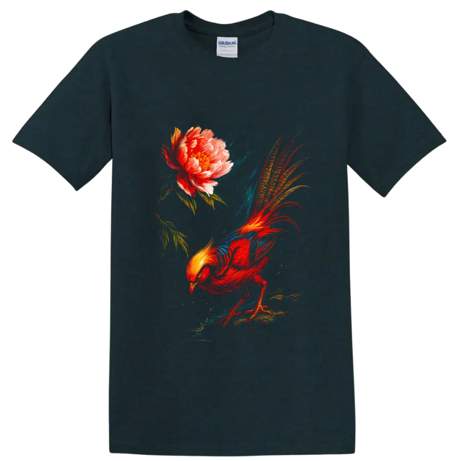 Painterly golden pheasant with long patterned tail beside a blooming peony on a Midnight (Green) T Shirt