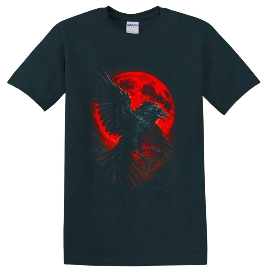 Gothic raven in flight before a glowing red moon with smoky painterly shadows on a Midnight (Green) T Shirt