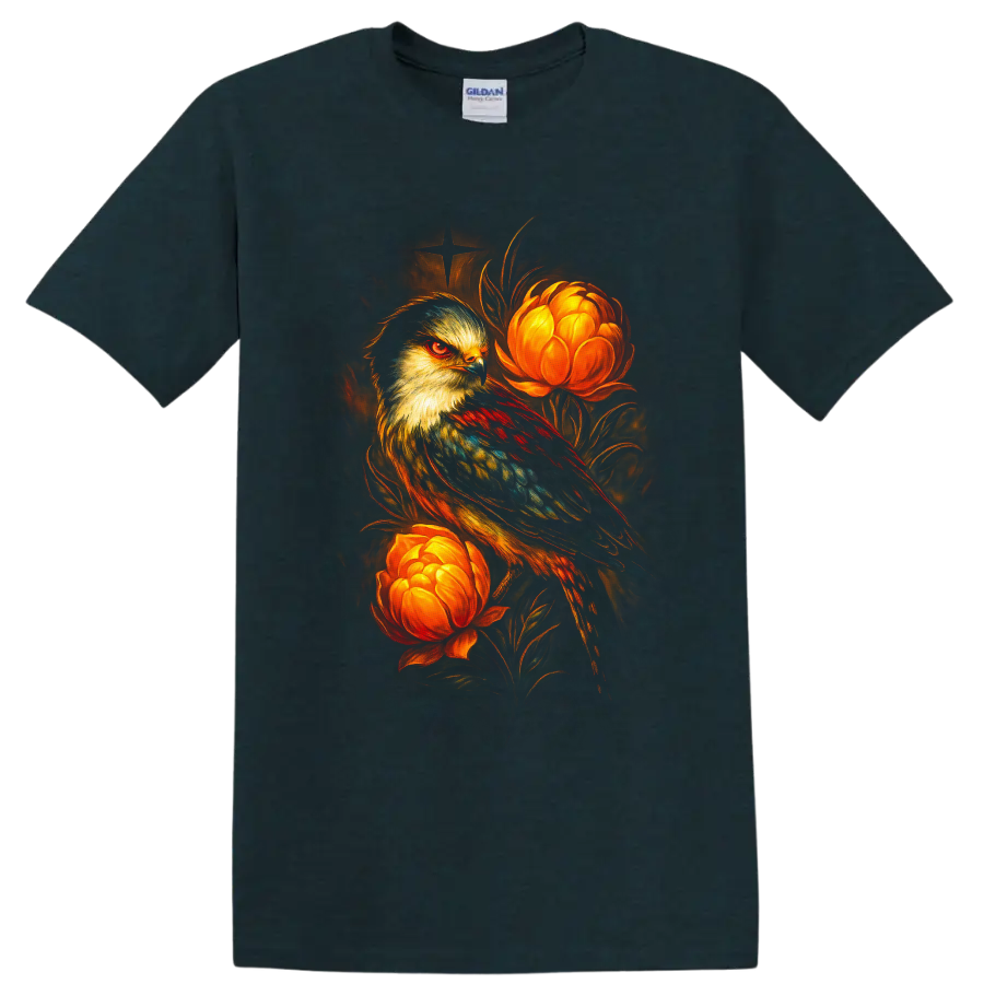 Stylized falcon with glowing orange flowers in dramatic painterly wildlife art on a Midnight (Green) T Shirt