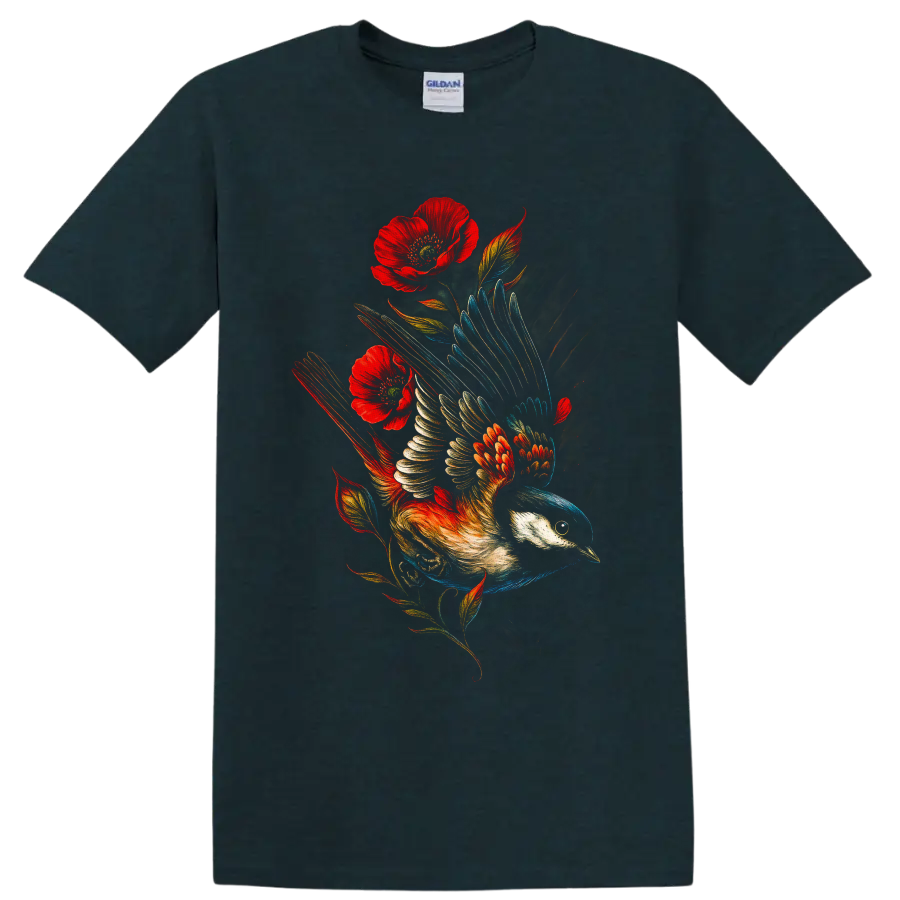 Black-capped chickadee in flight with red poppies in vivid painterly wildlife art on a Midnight (Green) T Shirt