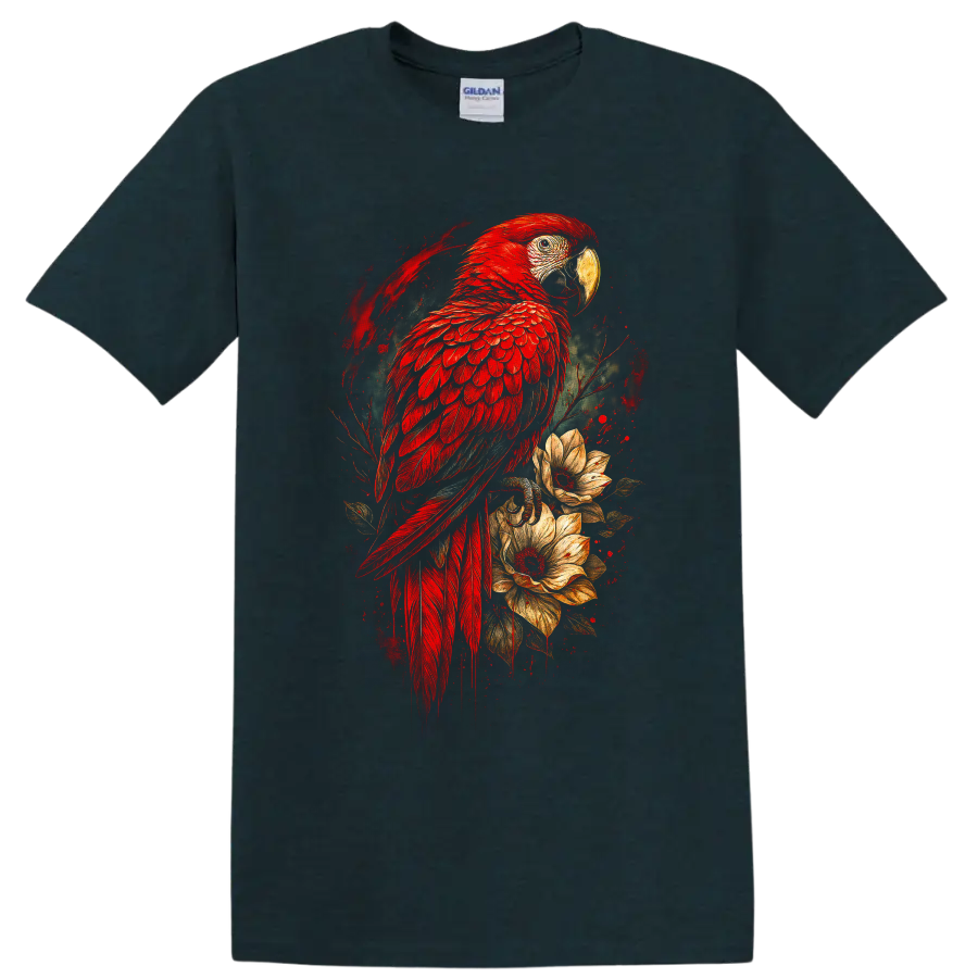 Scarlet macaw parrot with tropical flowers in vivid painterly bird art on a Midnight (Green) T Shirt