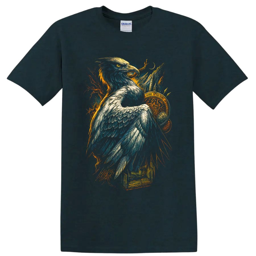 Bald eagle fantasy illustration with mountains, crescent moon, branches, and vintage book on a Midnight (Green) T Shirt
