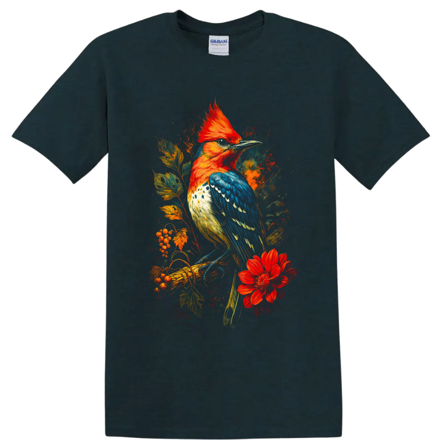 Crested woodpecker with autumn leaves, berries, and red flower in painterly art on a Midnight (Green) T Shirt