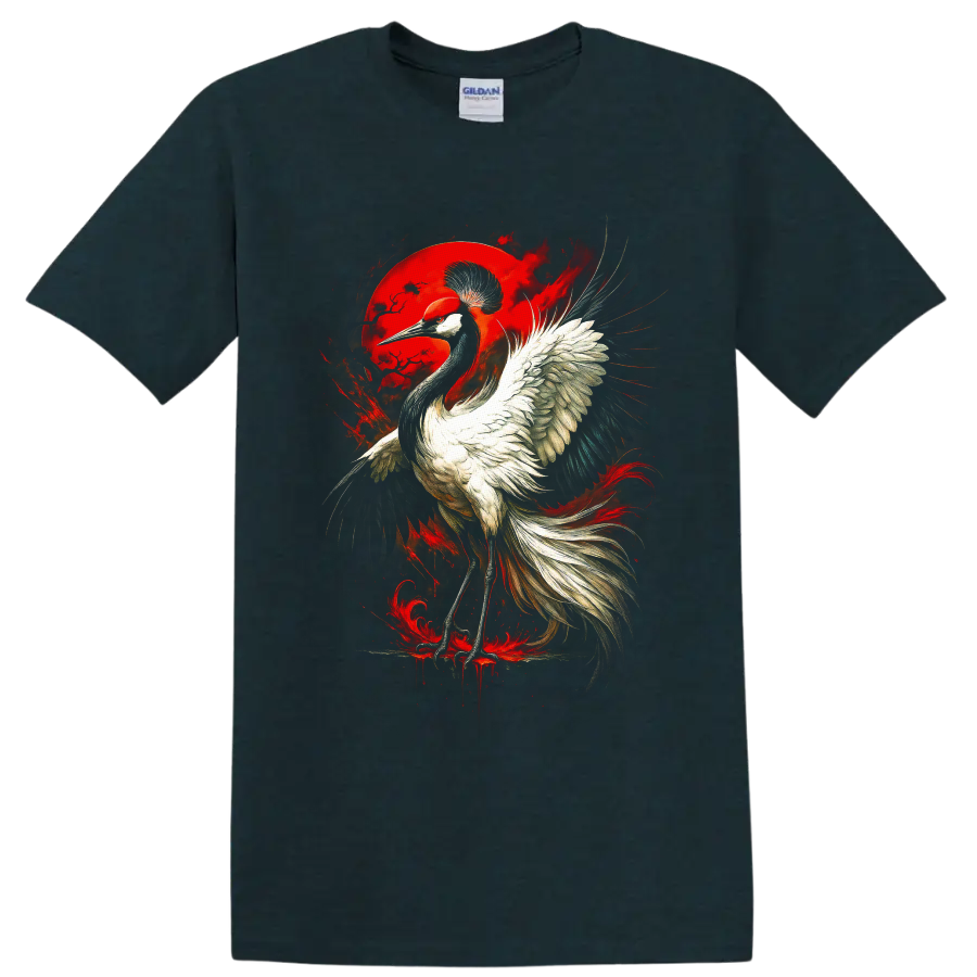 Red-crowned crane with sweeping wings before a crimson moon in gothic bird art on a Midnight (Green) T Shirt