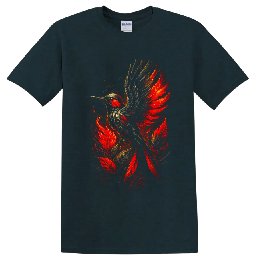 Fiery hummingbird in flight with red feathers and painterly gold wing details on a Midnight (Green) T Shirt