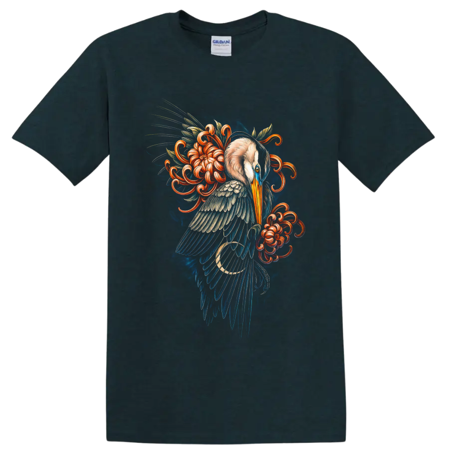 Japanese-inspired heron illustration with blue feathers and curling orange flowers on a Midnight (Green) T Shirt