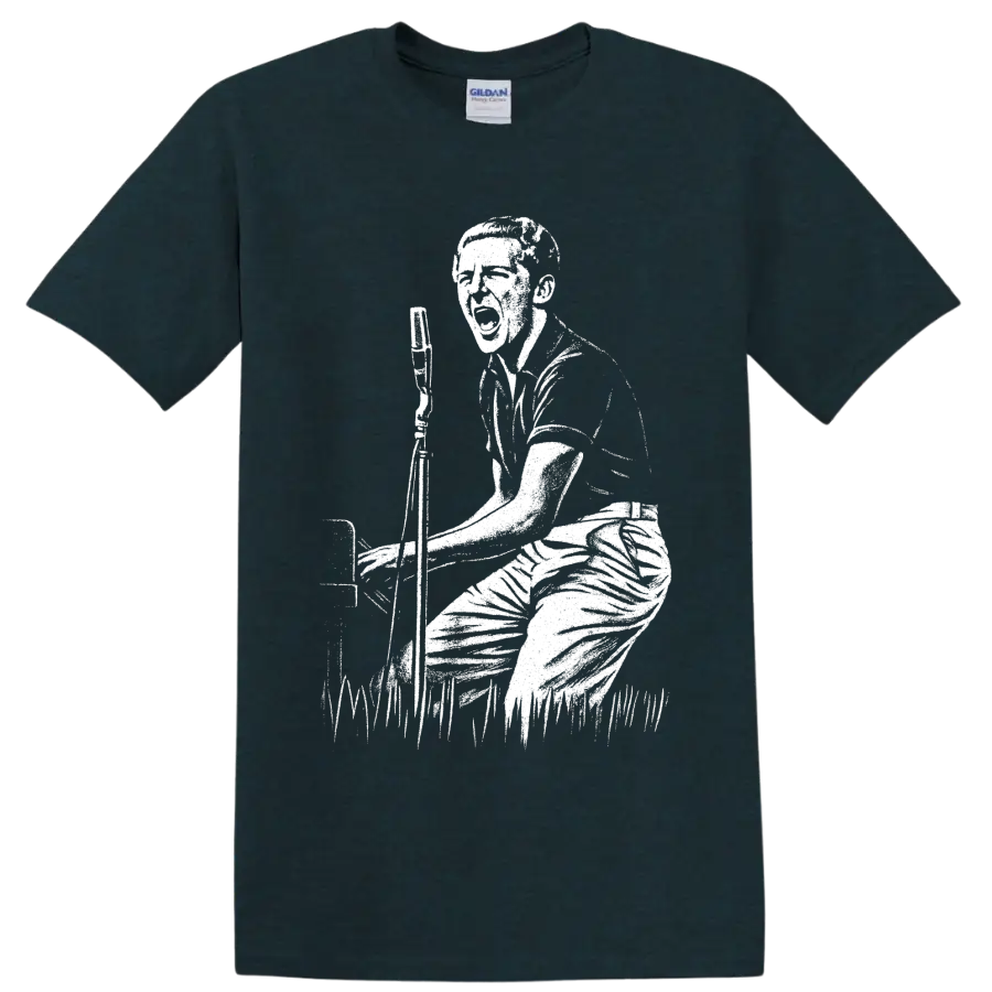 Jerry Lee Lewis black-and-white graphic of a pianist performing at a piano on a T - Midnight (Green)