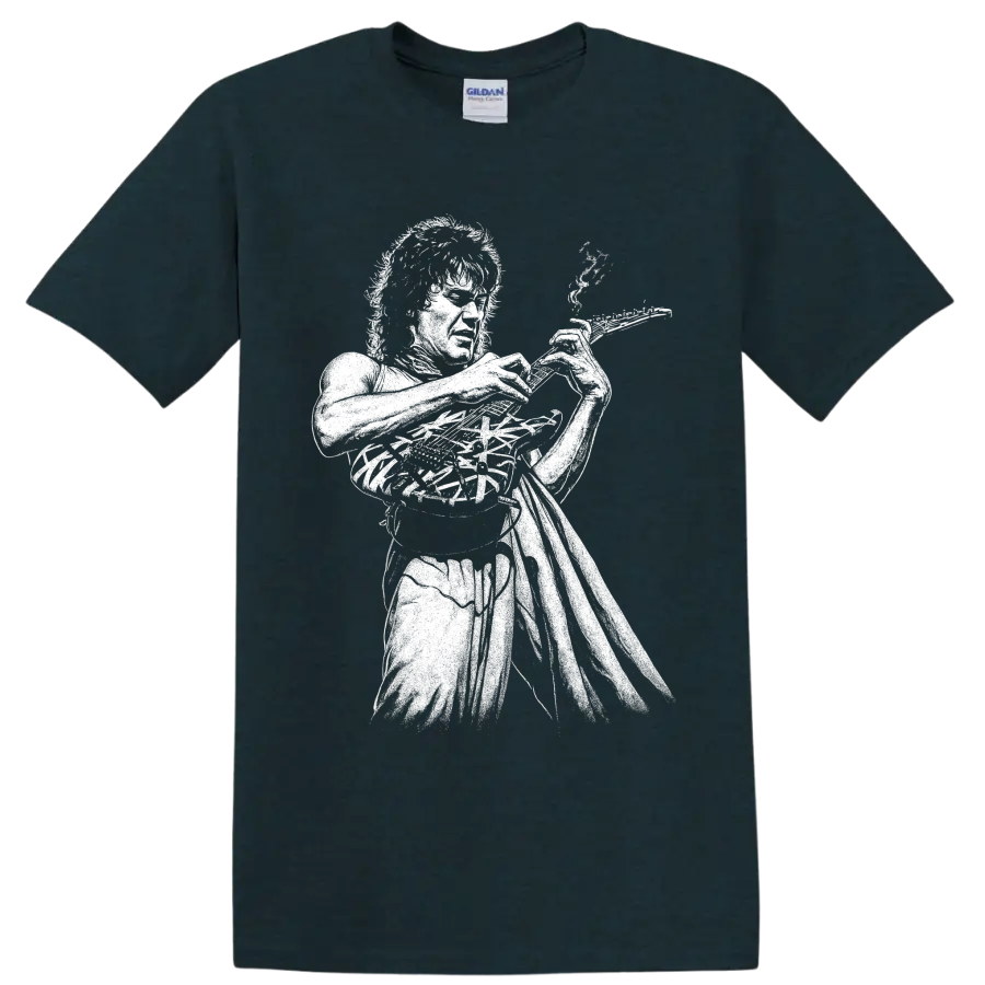 High-contrast Eddie Van Halen guitarist portrait graphic on a T shirt on a Midnight (Green) T Shirt