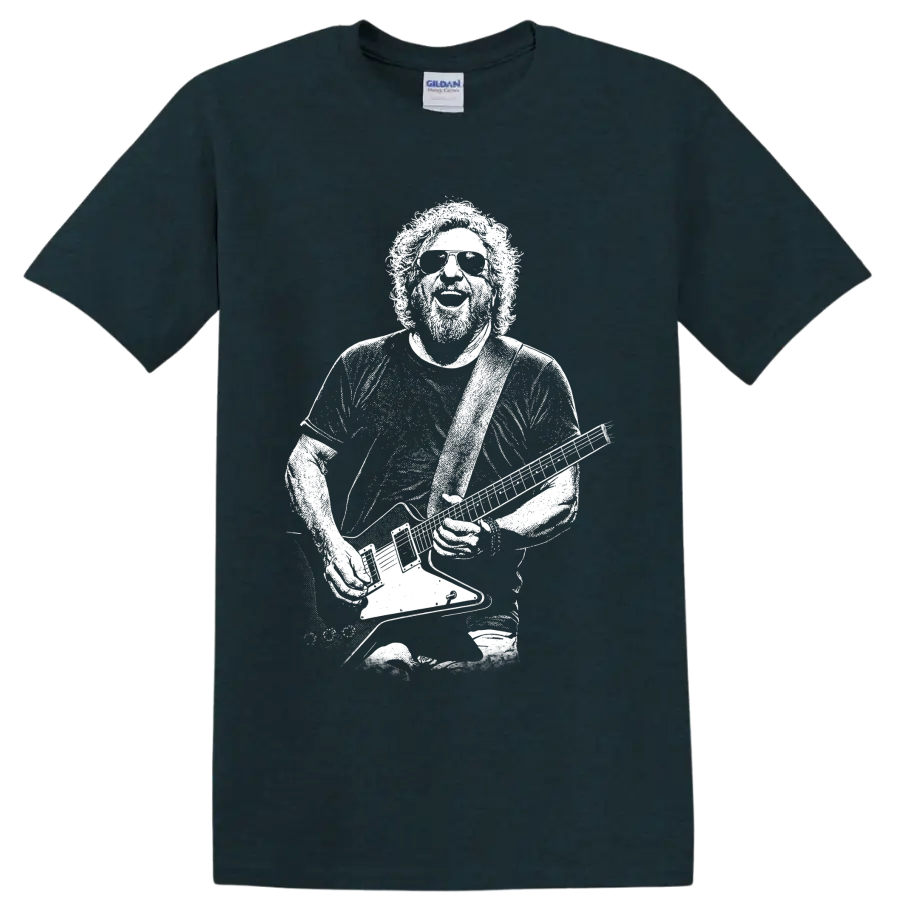 Sammy Hagar holding a guitar in a high-contrast pixelated portrait graphic T-shirt design on a Midnight (Green) T Shirt