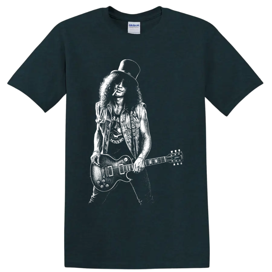 White Slash guitarist portrait with top hat, sunglasses, and guitar graphic on a T shirt on a Midnight (Green) T Shirt