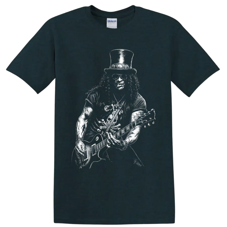 Black-and-white Slash guitarist portrait graphic with top hat and sunglasses on a Midnight (Green) T Shirt
