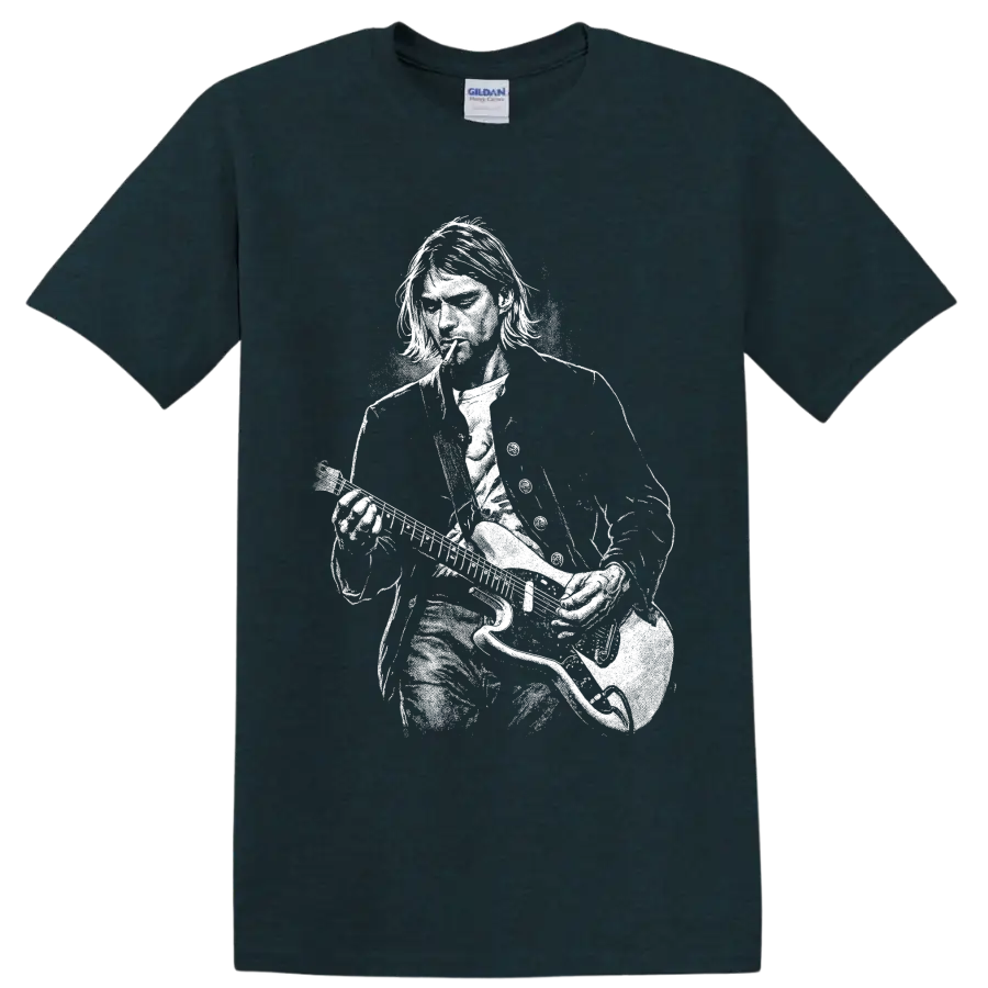 Kurt Cobain holding a guitar in a high-contrast black-and-white portrait graphic T shirt design on a Midnight (Green) T Shirt