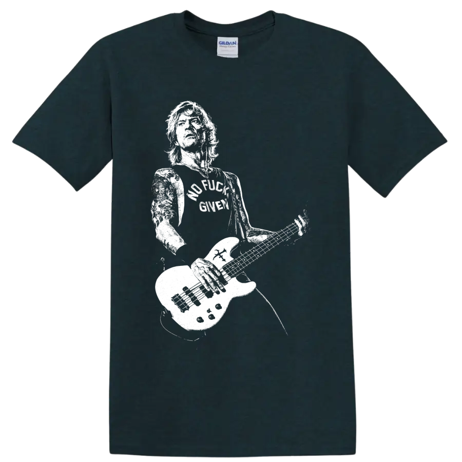 Duff McKagan-style bassist silhouette playing electric bass on a graphic T-shirt design on a Midnight (Green) T Shirt