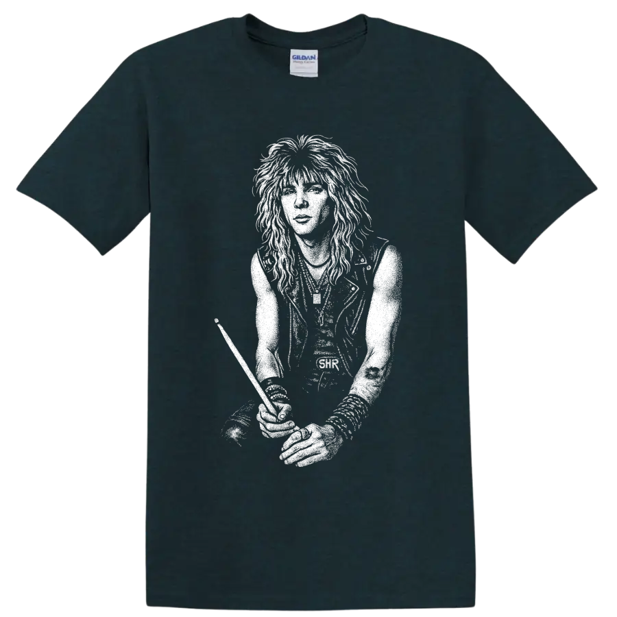 Black-and-white graphic portrait of Duff McKagan with long hair in a bold rock illustration on a Midnight (Green) T Shirt