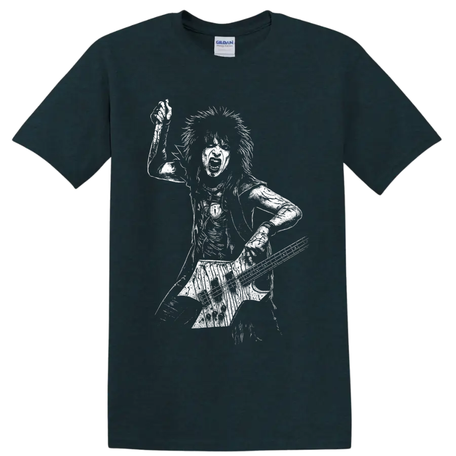 White graphic silhouette of Nikki Sixx playing bass guitar on a rock musician T shirt on a Midnight (Green) T Shirt