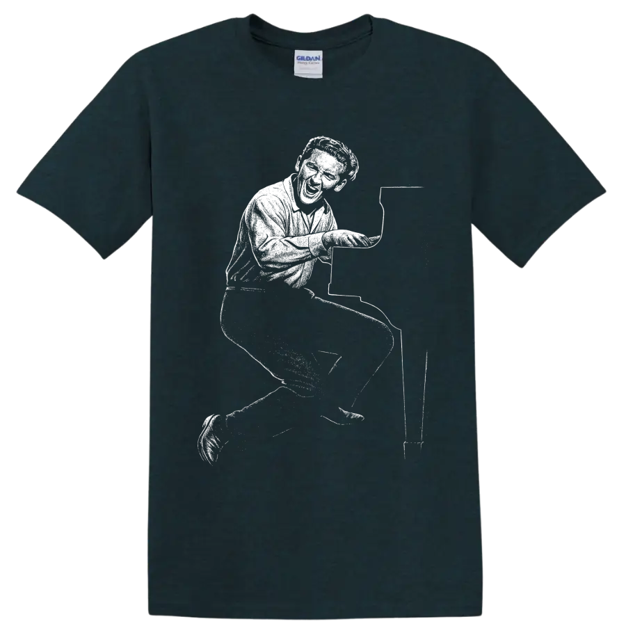 Jerry Lee Lewis-style monochrome graphic of a rock and roll pianist performing at a piano on a on a Midnight (Green) T Shirt