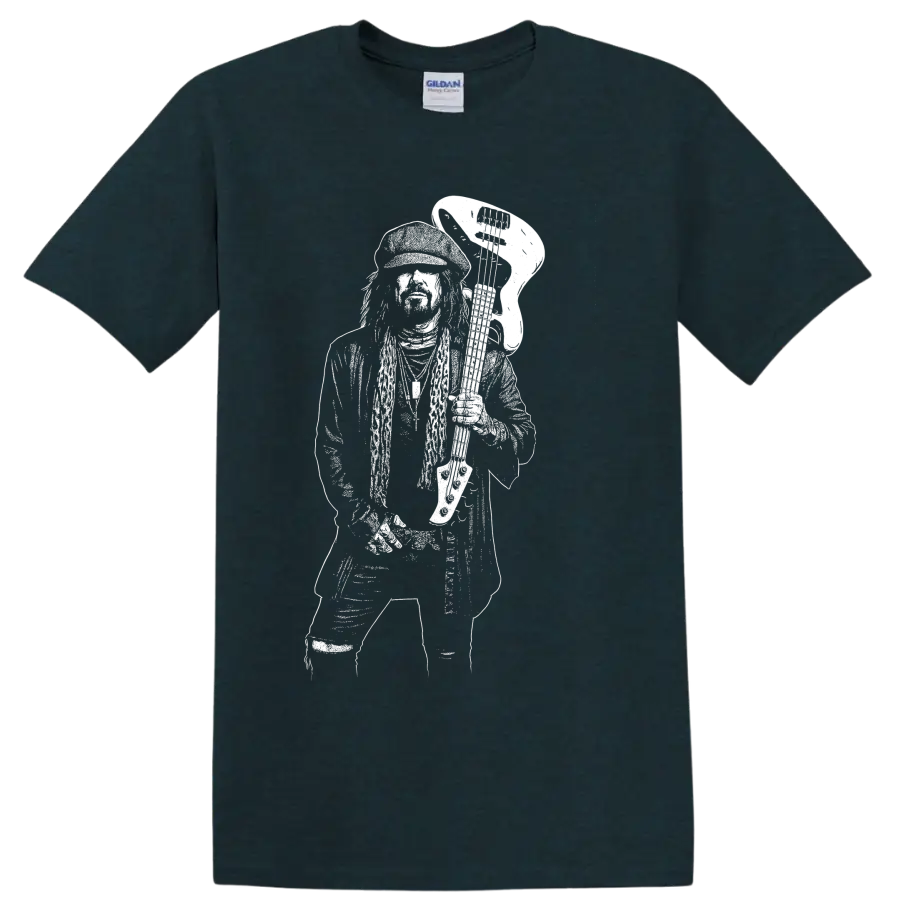 High-contrast Nikki Sixx portrait in a raw monochrome rock poster style on a Midnight (Green) T Shirt
