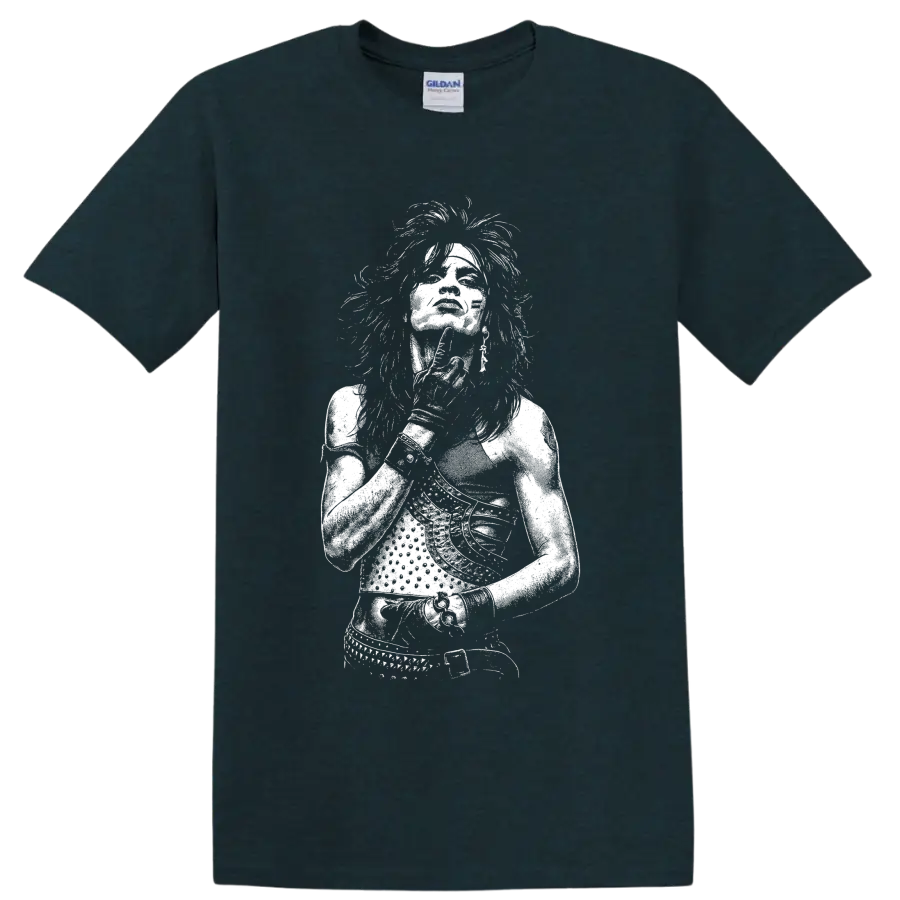 High-contrast white Tommy Lee portrait in a bold monochrome rock graphic style on a Midnight (Green) T Shirt