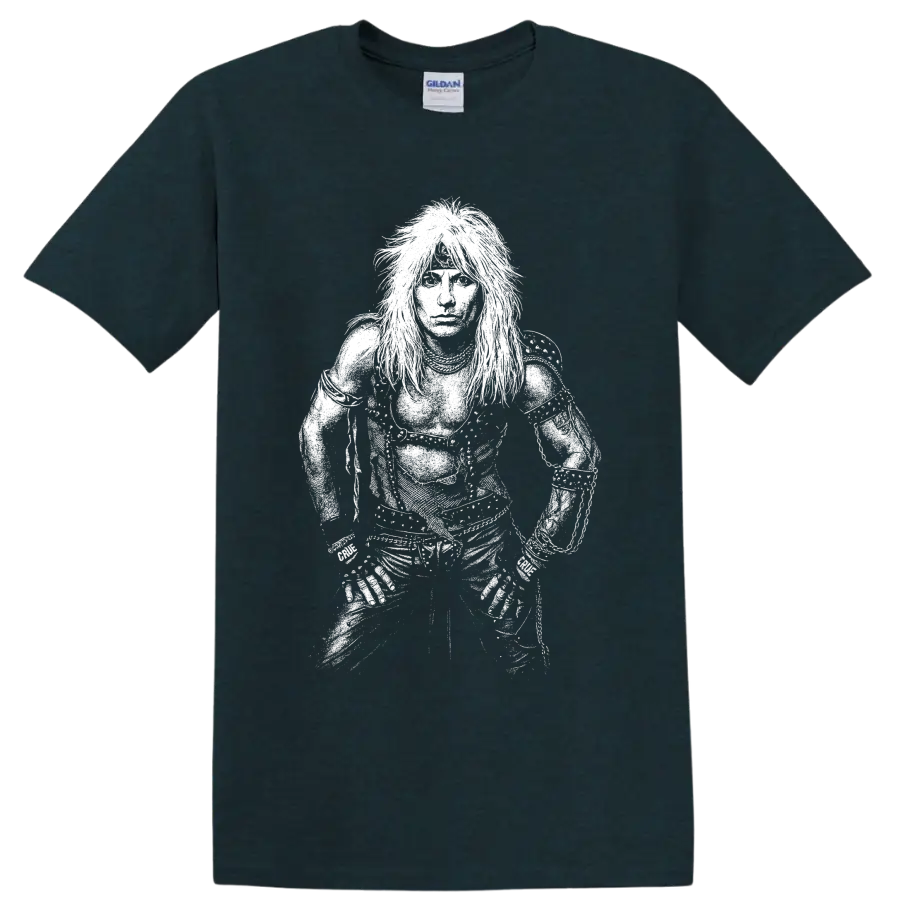 High-contrast black-and-white Vince Neil portrait in a dramatic rock performance style on a Midnight (Green) T Shirt