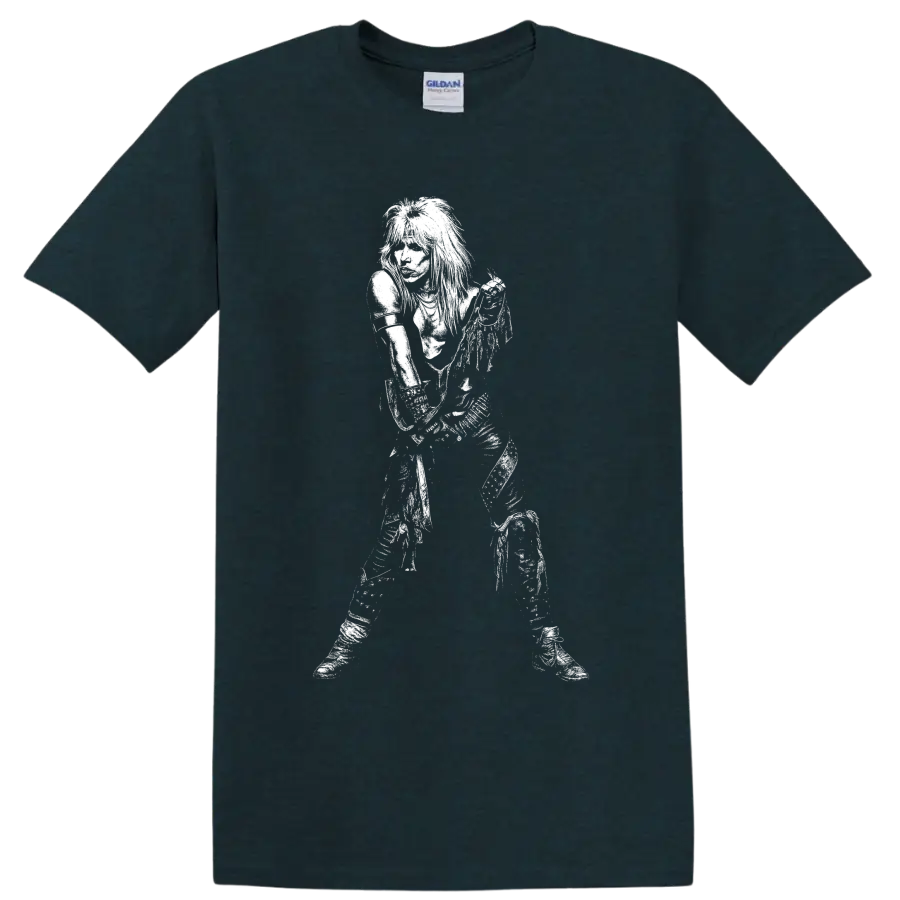 High-contrast black-and-white portrait of Vince Neil of Mötley Crüe on a Midnight (Green) T Shirt