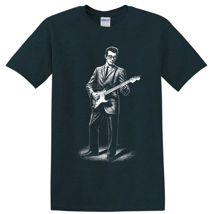 Buddy Holly inspired guitarist silhouette in bold vintage rock and roll style on a Midnight (Green) T Shirt