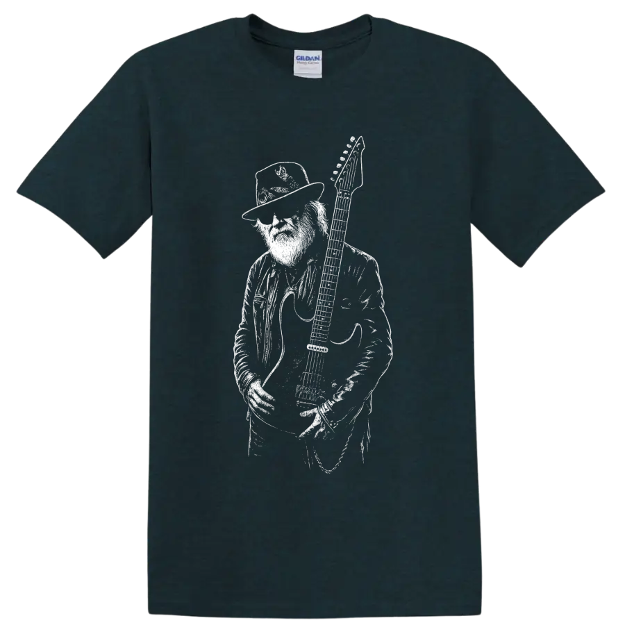 Billy Gibbons with electric guitar in bold monochrome rock portrait illustration on a Midnight (Green) T Shirt