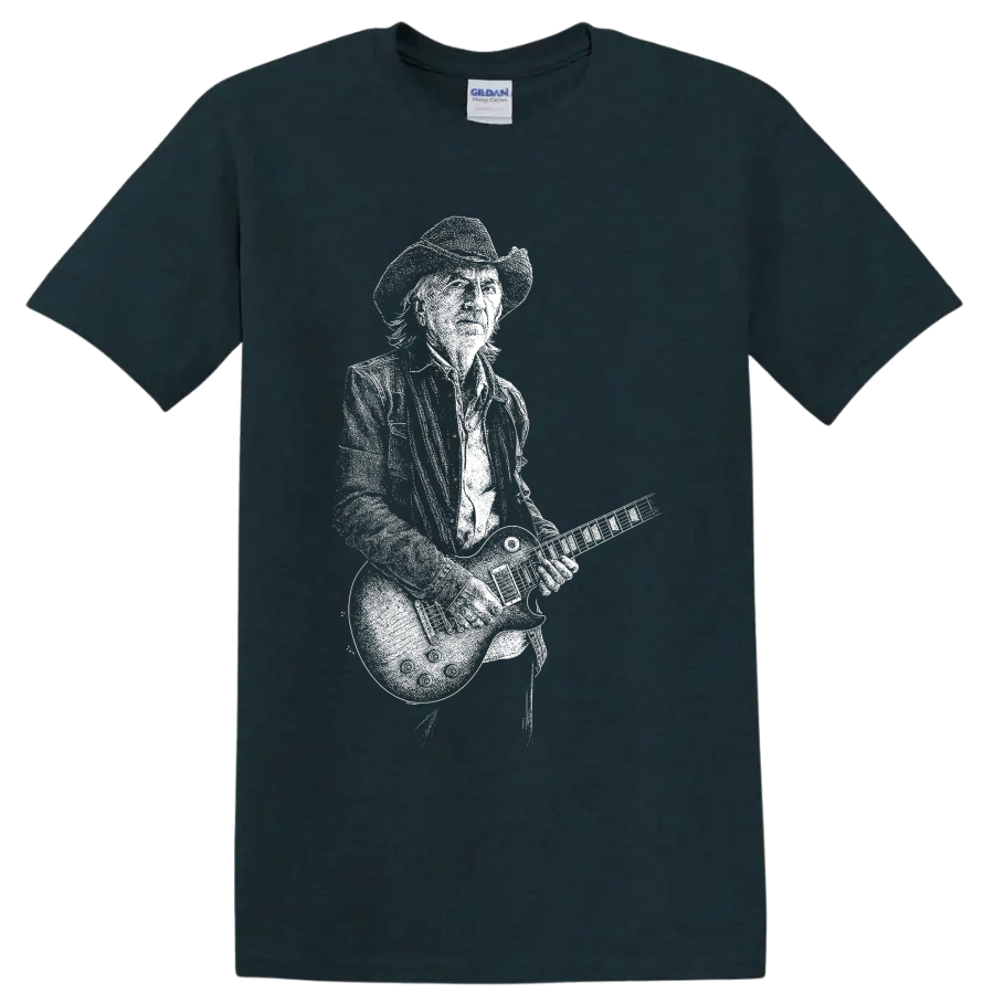 White silhouette of Stevie Ray Vaughan in hat playing guitar on a Midnight (Green) T Shirt