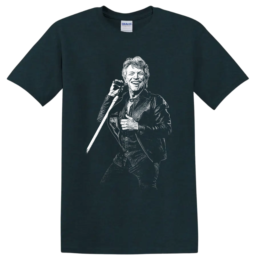 High-contrast Mick Jagger microphone portrait in black-and-white rock art on a Midnight (Green) T Shirt