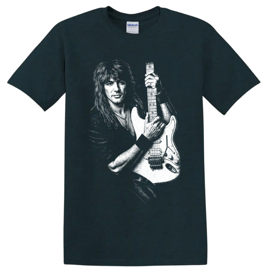 Black-and-white Richie Sambora guitarist stage portrait graphic on a Midnight (Green) T Shirt