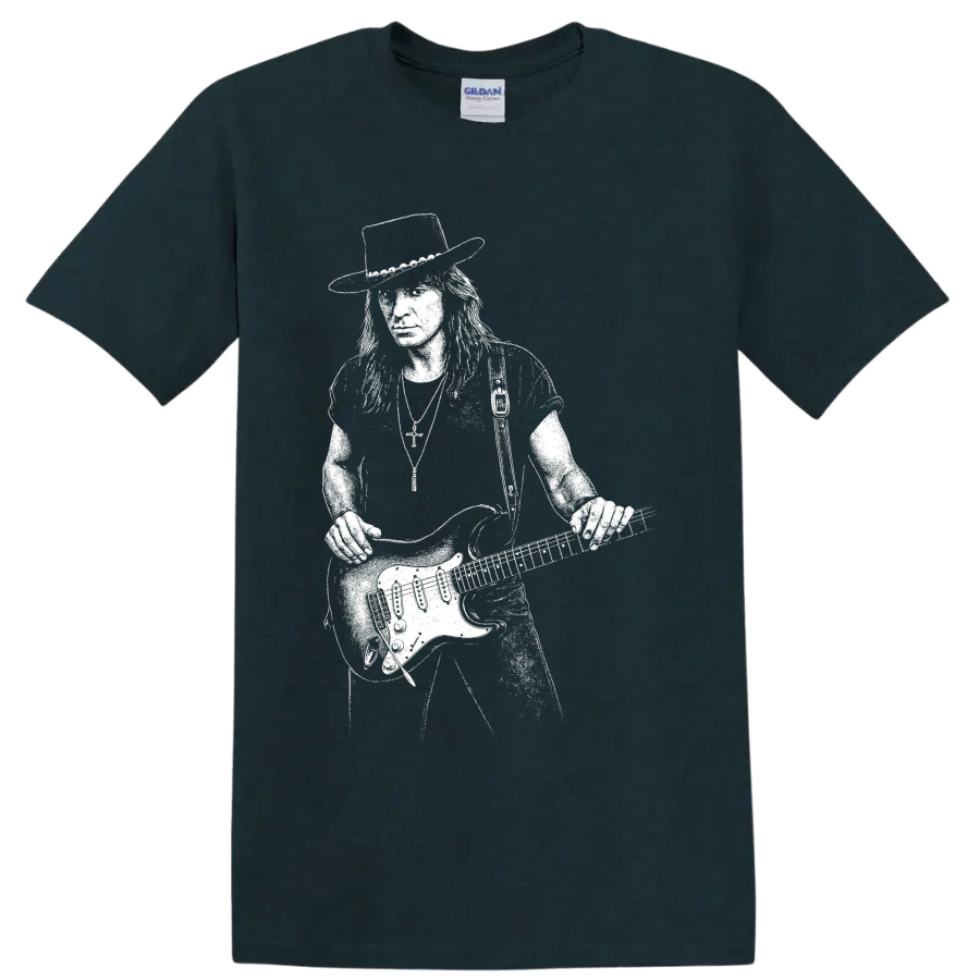 White guitarist performance silhouette with raised electric guitar on a Midnight (Green) T Shirt