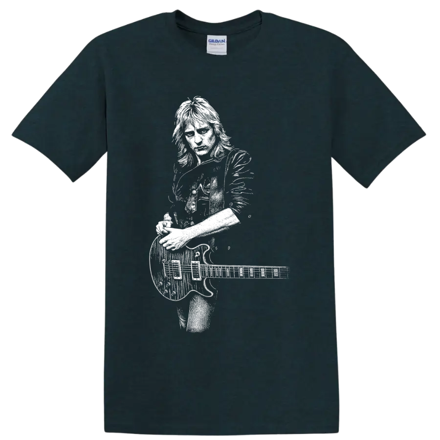 Phil Collen of Def Leppard playing guitar in a bold monochrome portrait illustration on a Midnight (Green) T Shirt