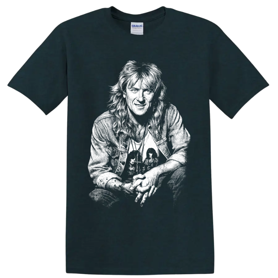 High-contrast Joe Elliott Def Leppard British rock singer portrait graphic on a Midnight (Green) T Shirt