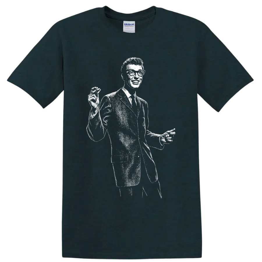 Buddy Holly guitarist silhouette in bold black-and-white rock and roll graphic style on a Midnight (Green) T Shirt