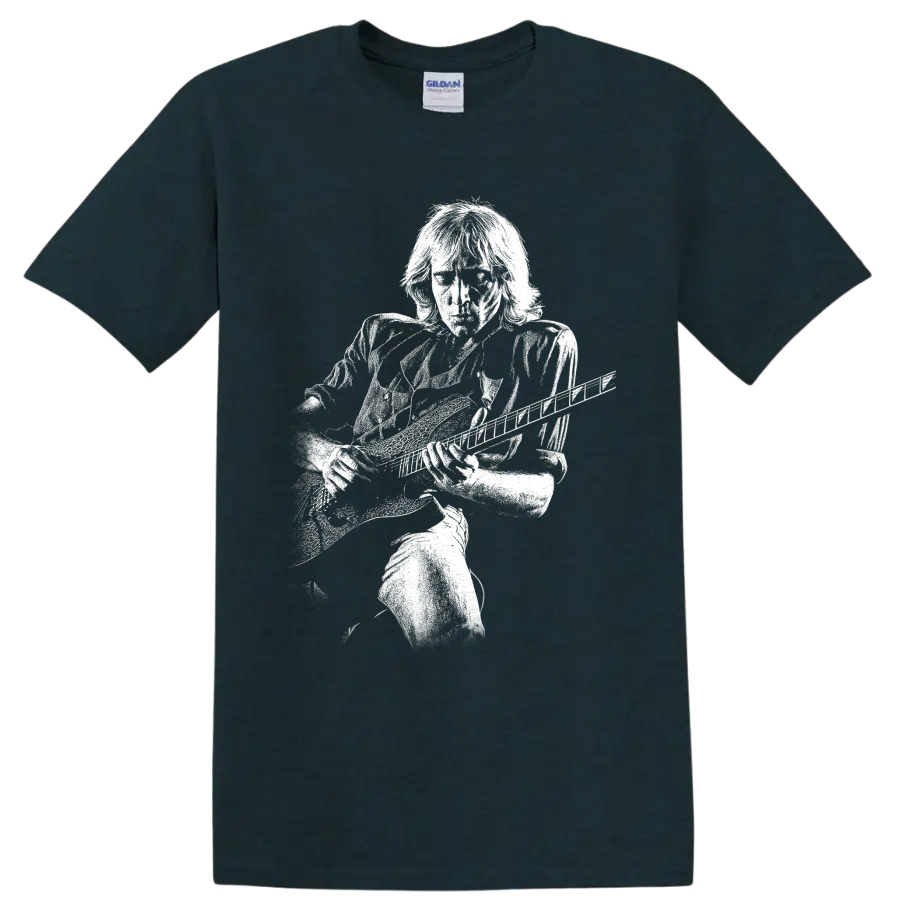 Glenn Tipton of Judas Priest playing guitar in a bold monochrome portrait design on a Midnight (Green) T Shirt