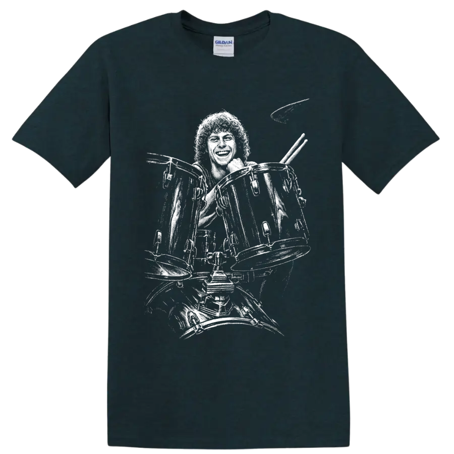 High-contrast Tommy Aldridge rock drummer silhouette performing behind a drum kit on a Midnight (Green) T Shirt
