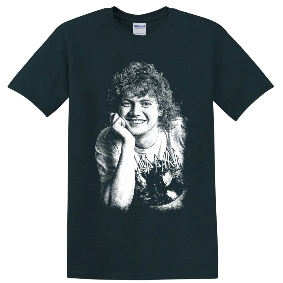 High-contrast Rick Allen drummer portrait with drum kit rock artwork on a Midnight (Green) T Shirt